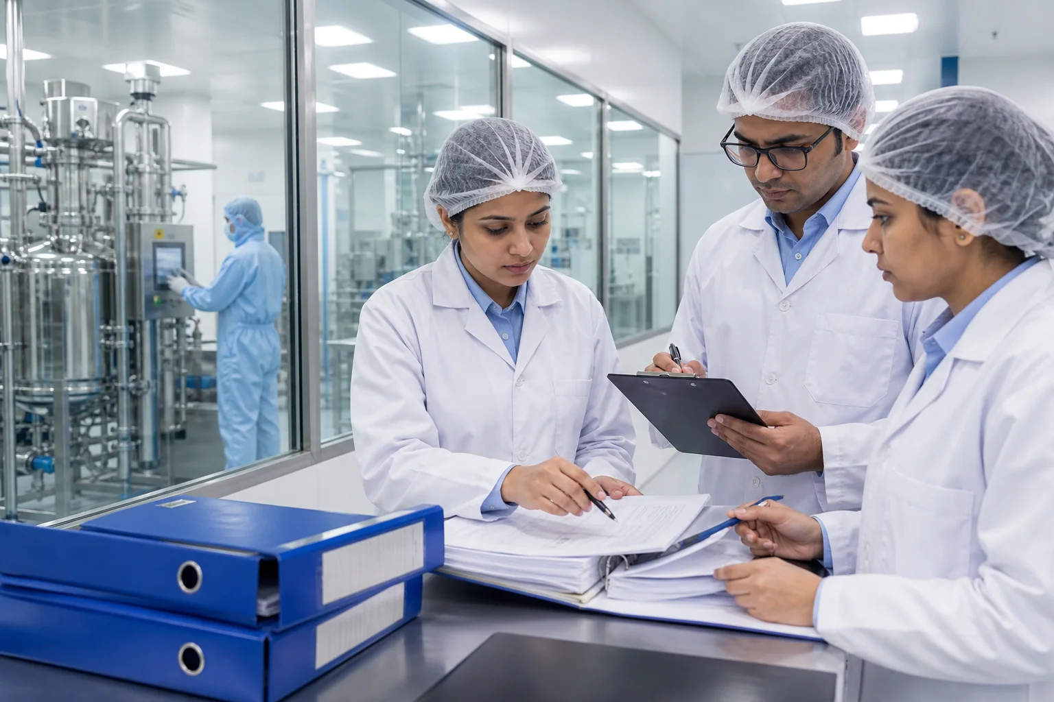 Pharmaceutical quality assurance team conducting a GMP compliance audit