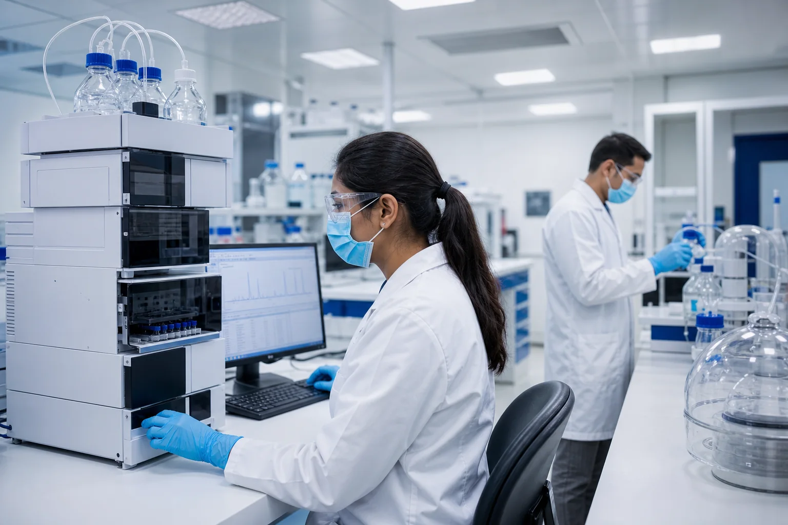 Quality control scientists operating an HPLC laboratory